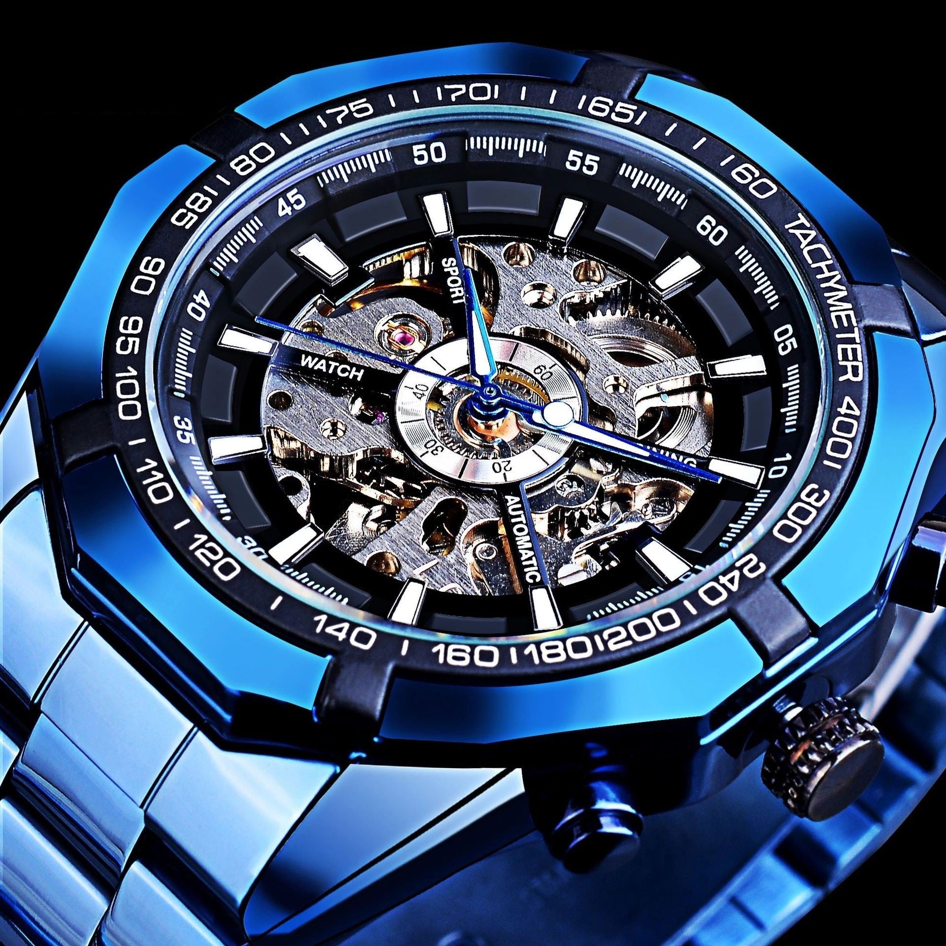 Casual Hollow Blue Plating Automatic Mechanical Watch Blue Shell And Black Surface Infinite Avenue