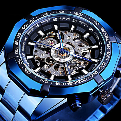 Casual Hollow Blue Plating Automatic Mechanical Watch Blue Shell And Black Surface Infinite Avenue