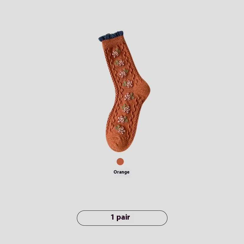 Vintage Floral Wool Fleece Lined Socks Orange Free Size Infinite Avenue