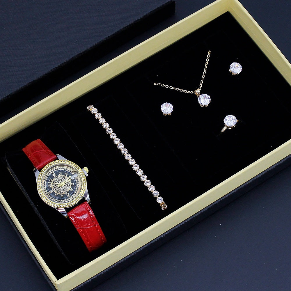 New Ladies Watch Good-looking Cross-border Valentine's Day Watch Jewelry Suit With Decoration Red Band Watch Box 1 Infinite Avenue