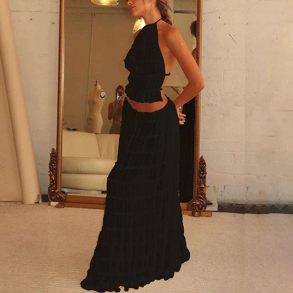 2pcs Women's Dress Suit Sexy Sleeveless Backless Cropped Halter Top And Pleated Long Skirt Beach Clothing Black Infinite Avenue