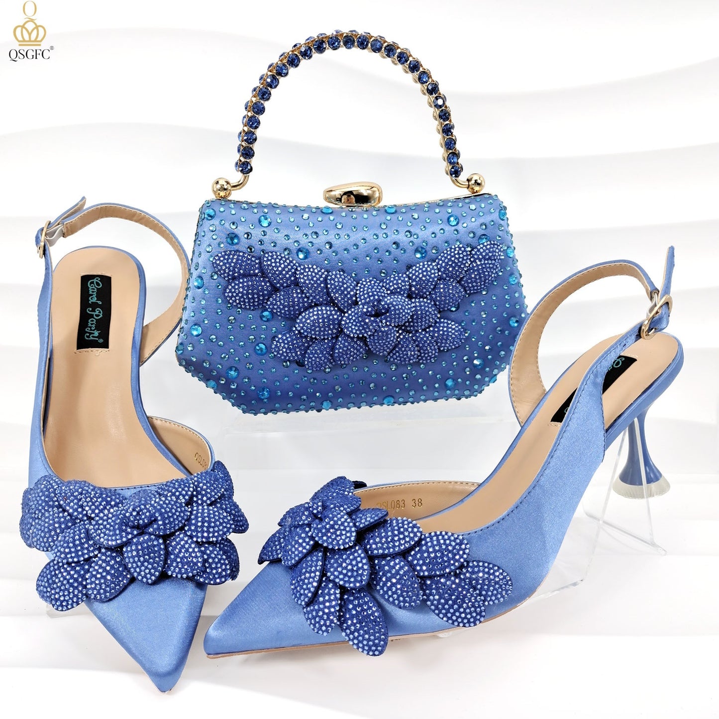 Cross-border Ladies Party Shoes Bag Set Handmade Leaf Decorative Wine Glass Heel Sky Blue Infinite Avenue