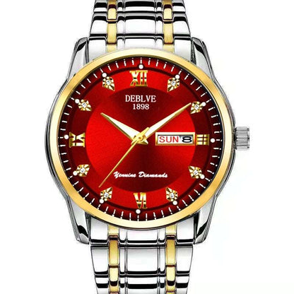 Fashion Alloy Steel Belt Waterproof Luminous Men's Dual Calendar Watch Red 690 Infinite Avenue