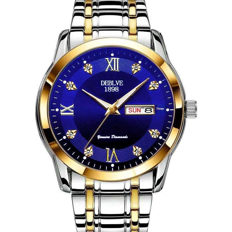 Fashion Alloy Steel Belt Waterproof Luminous Men's Dual Calendar Watch Blue 690 Infinite Avenue