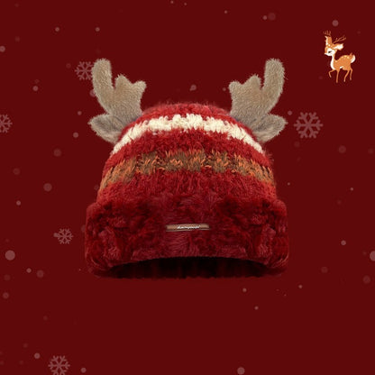 Christmas Knitted Hat – Cute Deer Antlers, Beanie for Girls & Women Red One size fits all Infinite Avenue