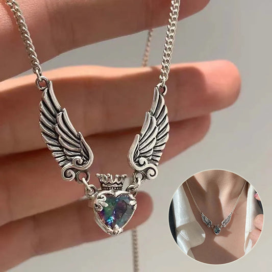 Vintage Gothic Heart Crown Angel Wings Pendant Necklaces For Women Fashion Exquisite Love Shape Clavicle Chain Choker Jewelry Fashion Jewelry Infinite Avenue