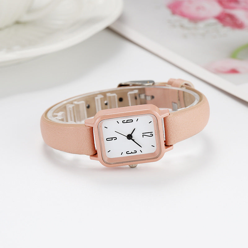 Junior High Alloy Simple Square Scale Digital Leather-belt Watch Pink Infinite Avenue