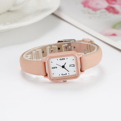 Junior High Alloy Simple Square Scale Digital Leather-belt Watch Pink Infinite Avenue