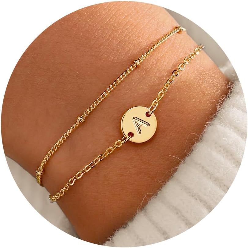 Silver Round 26 Letters Double Layer Bracelet Female Stainless Steel Small Rice-shaped Beads Layered Gold 1 Lobster Buckle Infinite Avenue