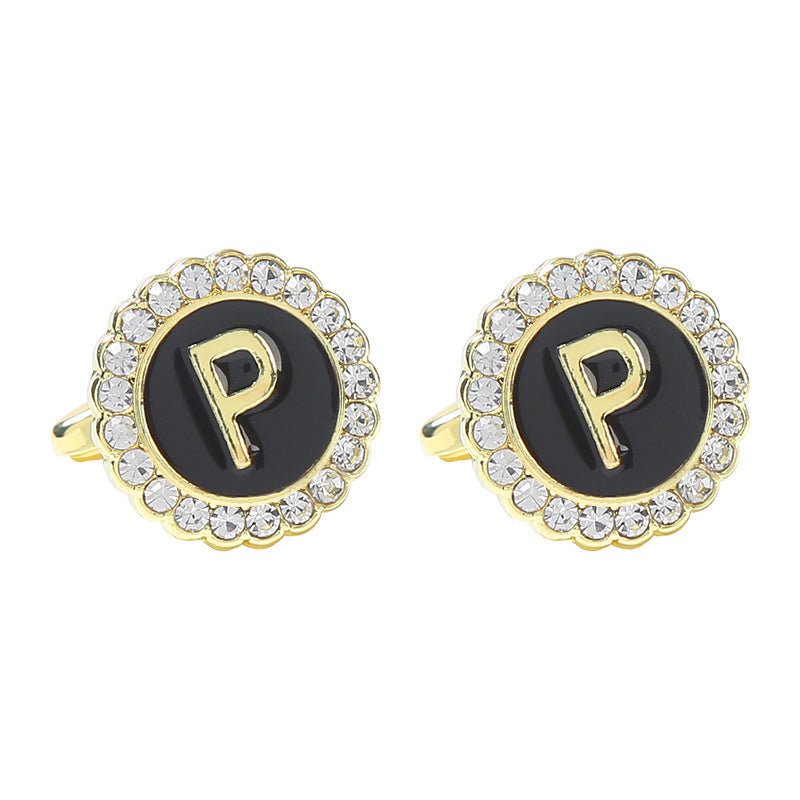 Round Diamond French Cufflinks Men's 26 Letters P Alloy Infinite Avenue