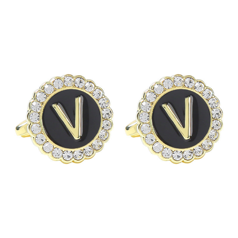 Round Diamond French Cufflinks Men's 26 Letters V Alloy Infinite Avenue