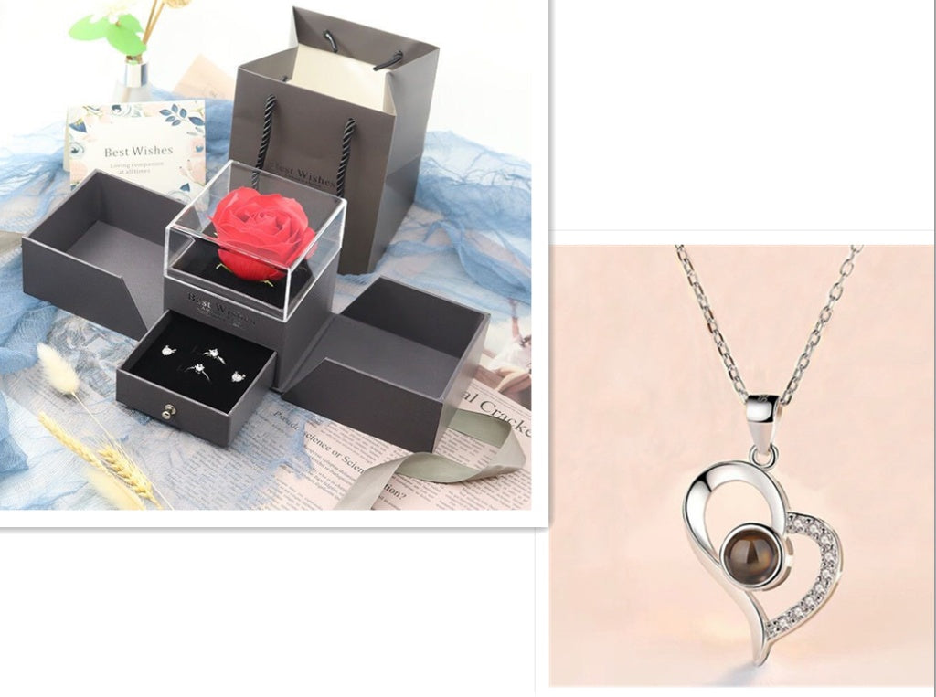 Hot Valentine's Day Gifts Metal Rose Jewelry Gift Box Necklace For Wedding Girlfriend Necklace Gifts Silver B setC Infinite Avenue