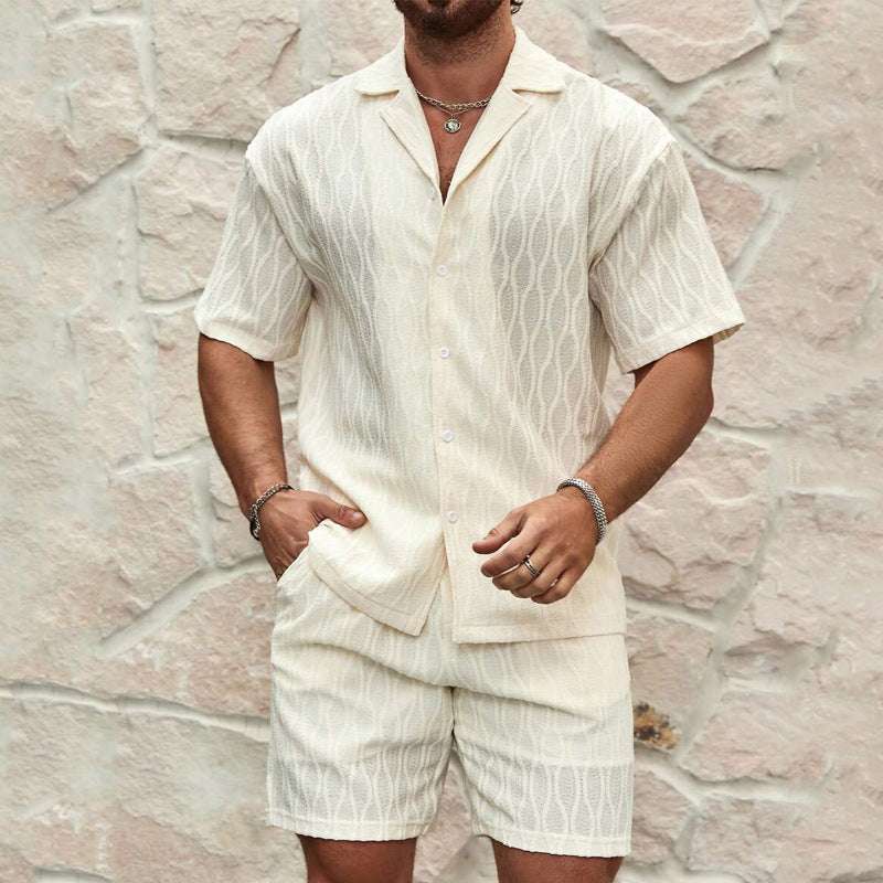 Men Tracksuits Summer Fashion Solid Loose Casual Two Pieces Lapel Button Shirt Shorts Beach Holiday All-match Outfits Male Beige Infinite Avenue