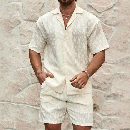 Men Tracksuits Summer Fashion Solid Loose Casual Two Pieces Lapel Button Shirt Shorts Beach Holiday All-match Outfits Male Beige Infinite Avenue