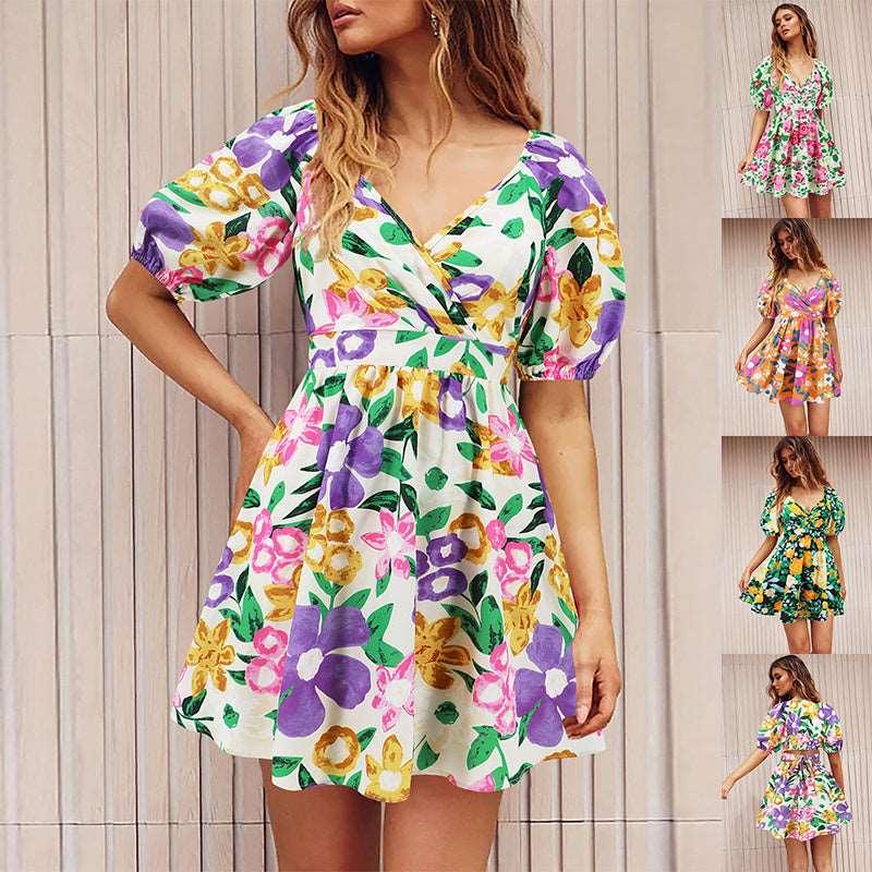 Floral V-Neck Lantern-Sleeve Dress - Y2K Summer Beachwear - Infinite Avenue