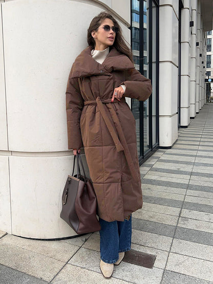 Women’s Long Lapel Coat – Warm Cotton Jacket with Pockets & Lace-up Coffee Infinite Avenue