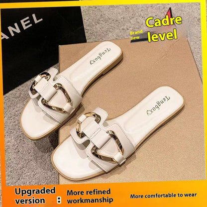 Flat Summer Slippers Women's Outer Wear Beige Infinite Avenue