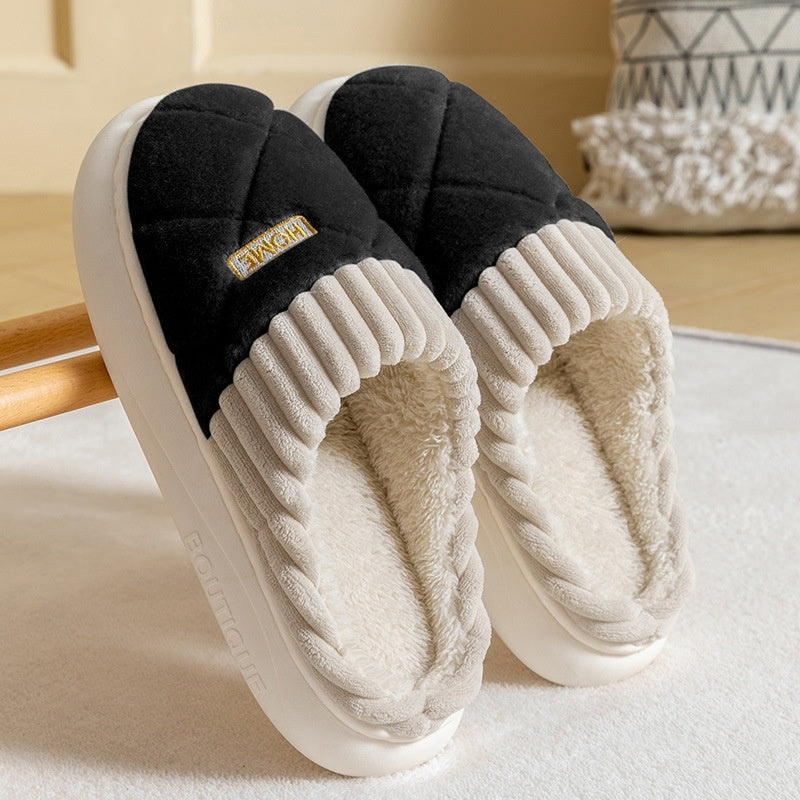 Men's Rhombic Sewing Plush Slippers Winter Warm Non-slip House Shoes For Women Bedroom Floor Home Slipper Couple Black Infinite Avenue