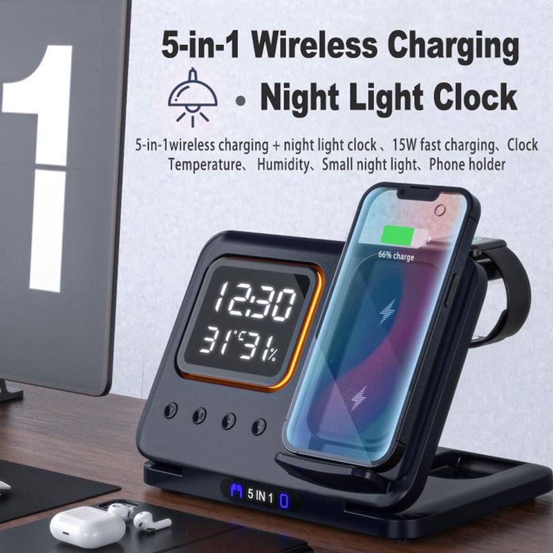 15W 5-in-1 Wireless Charger Stand – LED Alarm Clock & Fast Charging Infinite Avenue