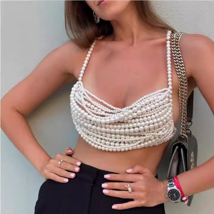 Multi-layer Pearl Handmade Stitching Fashionable Exquisite Halter Top Vest White Free Size Infinite Avenue