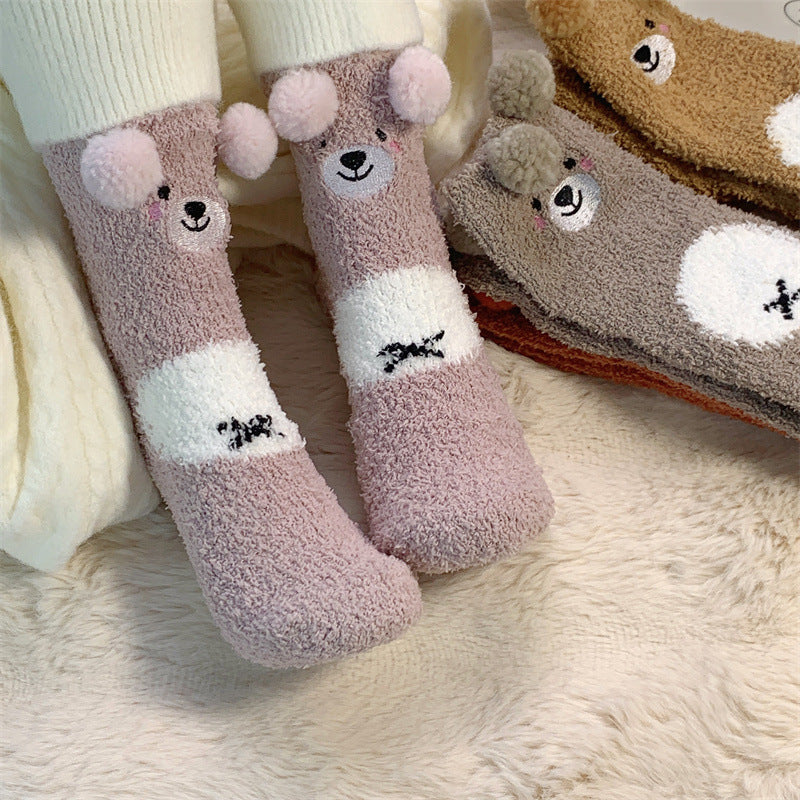 Cute Bear Fleece-Lined Coral Socks – Warm for Autumn & Winter Infinite Avenue