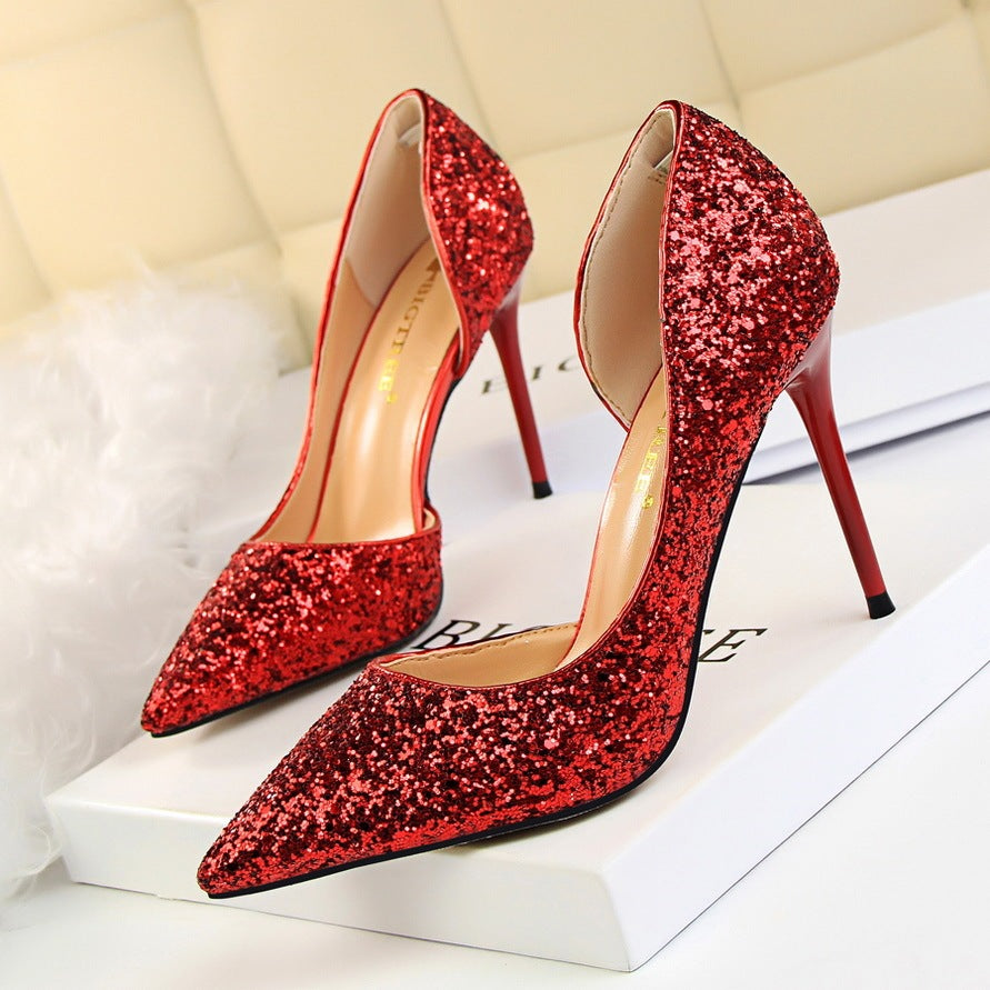 Skinny Women's Shoes Stiletto Heel Shallow Mouth Pointed Side Hollow-out Sequin Red Infinite Avenue