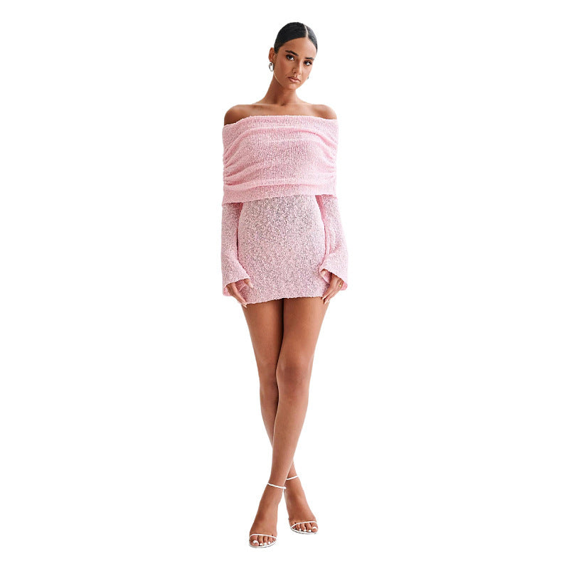 Women's Spring Summer Knitted Dress Elegant Party Boat Neck Dress Infant Off Shoulder Bodycon Long Sleeve Fuzzy Short Club Chic Mini Dress Infinite Avenue