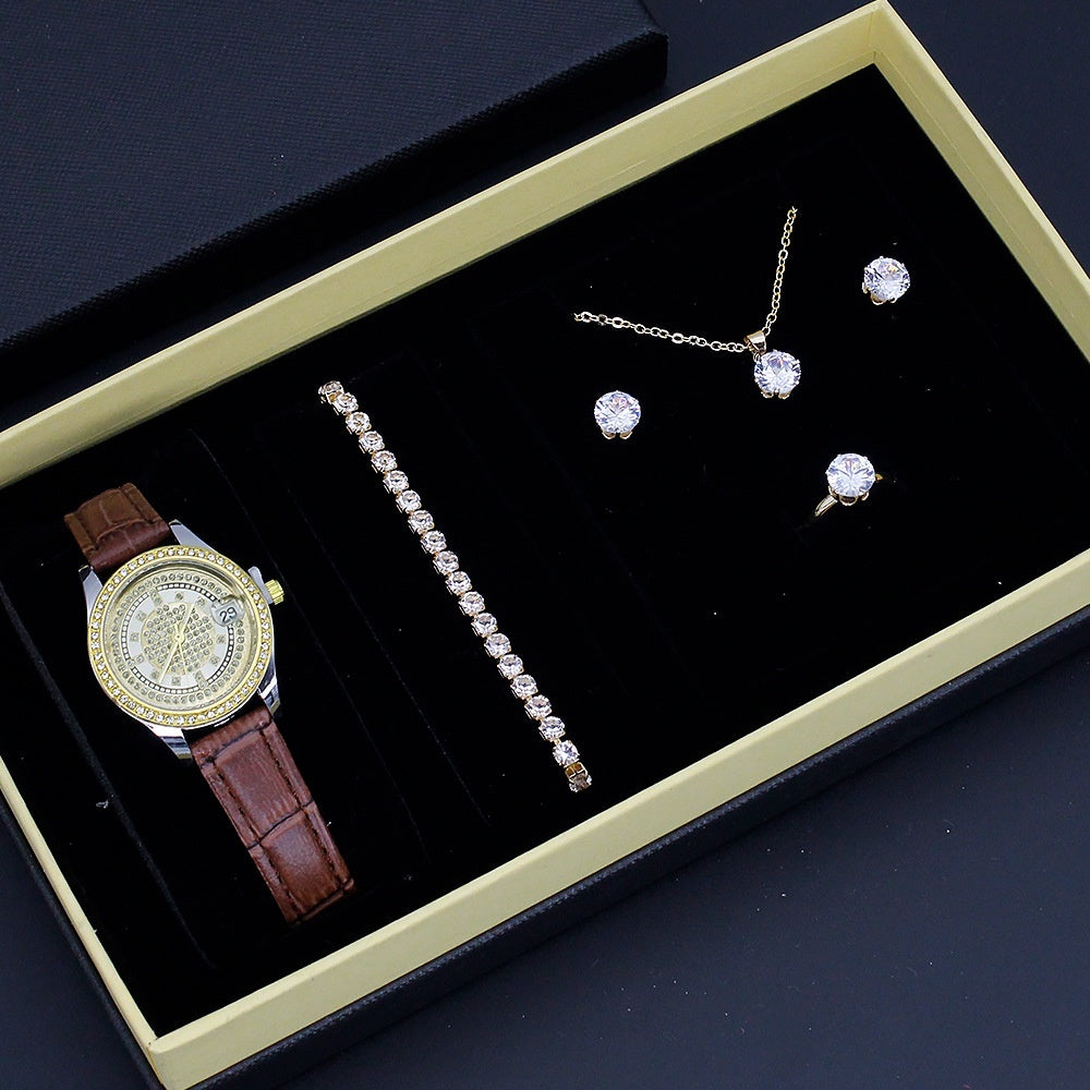 New Ladies Watch Good-looking Cross-border Valentine's Day Watch Jewelry Suit With Decoration Brown Strap Watch Box Infinite Avenue