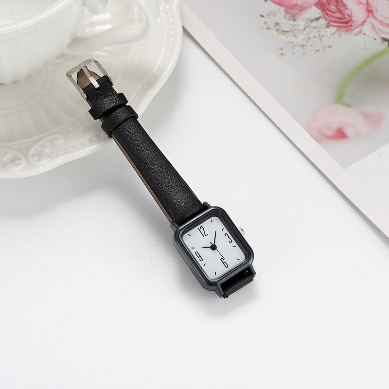 Junior High Alloy Simple Square Scale Digital Leather-belt Watch Black Infinite Avenue