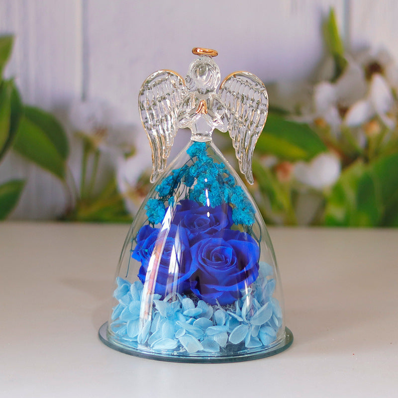 Eternal Flower Gift Box Angel Glass Cover Dried Rose Gift Box For Christmas New Year Valentine's Day Home Decor Beauty angel blue Infinite Avenue