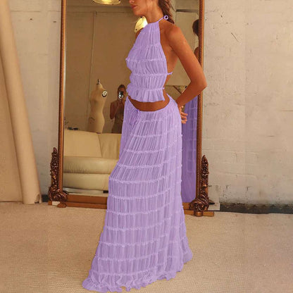 2pcs Women's Dress Suit Sexy Sleeveless Backless Cropped Halter Top And Pleated Long Skirt Beach Clothing Purple Infinite Avenue