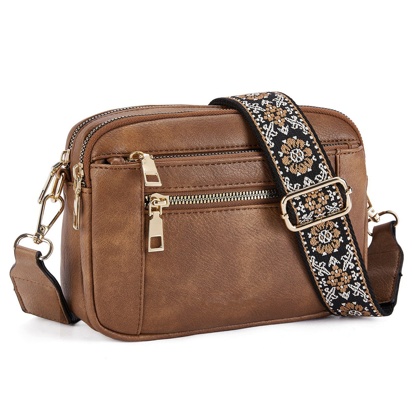 Cow Color Matching Multifunctional Zipper Crossbody Bag Camel Brown Infinite Avenue