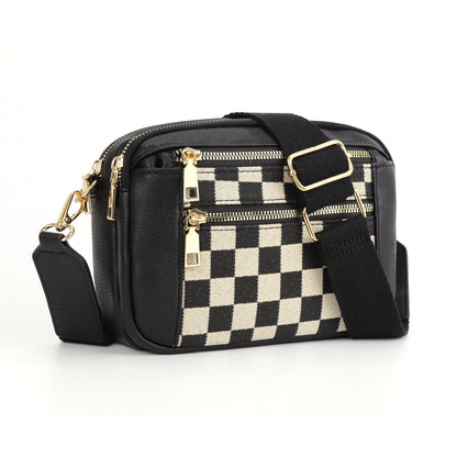 Cow Color Matching Multifunctional Zipper Crossbody Bag Plaid Black Infinite Avenue