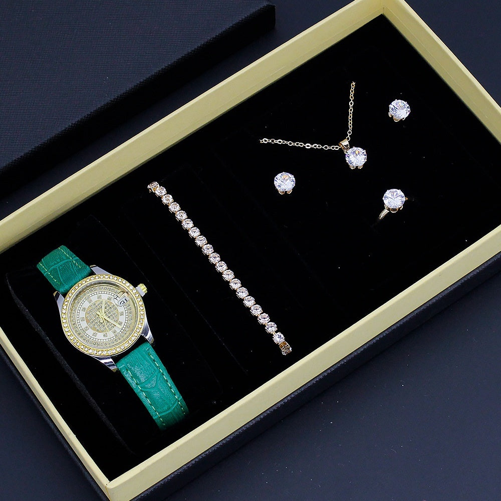 New Ladies Watch Good-looking Cross-border Valentine's Day Watch Jewelry Suit With Decoration Green Belt Watch Box Infinite Avenue