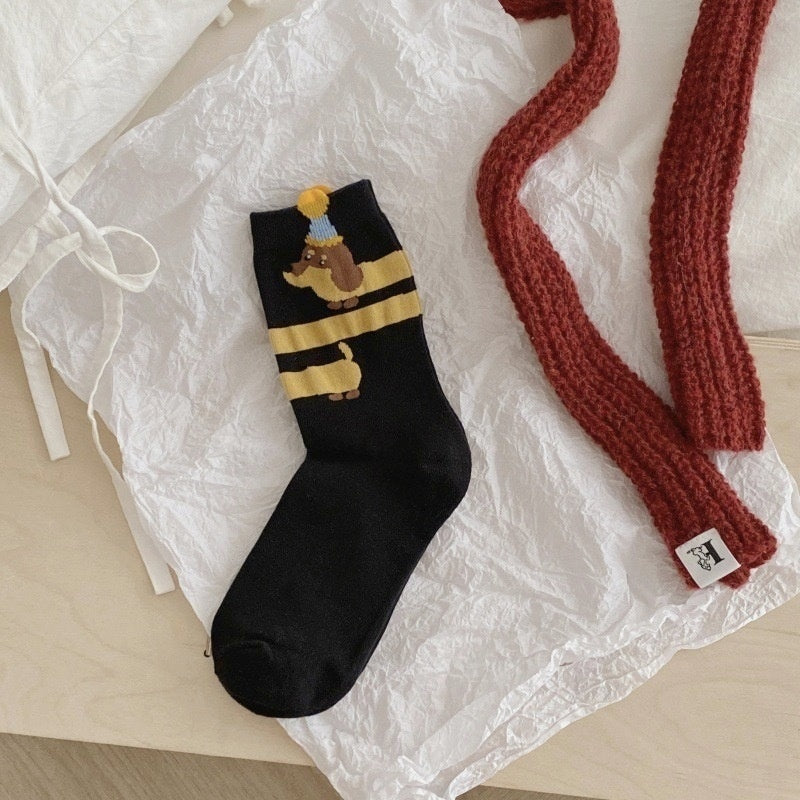 Puppy Embroidery Flanging Tube Socks – Winter Warmth & Style Black Dog Free Size Infinite Avenue