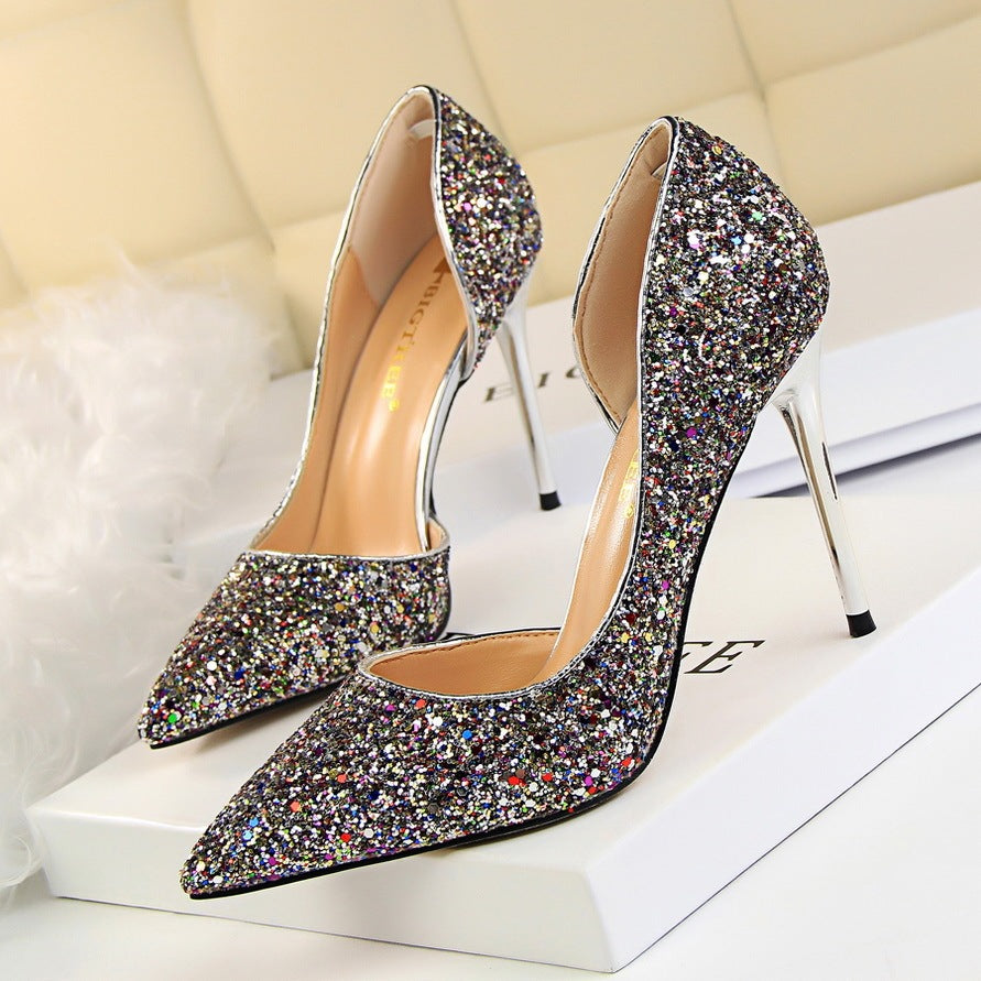 Skinny Women's Shoes Stiletto Heel Shallow Mouth Pointed Side Hollow-out Sequin Color Infinite Avenue