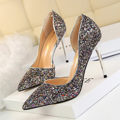 Skinny Women's Shoes Stiletto Heel Shallow Mouth Pointed Side Hollow-out Sequin Color Infinite Avenue