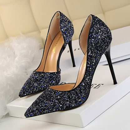 Skinny Women's Shoes Stiletto Heel Shallow Mouth Pointed Side Hollow-out Sequin Blue Infinite Avenue