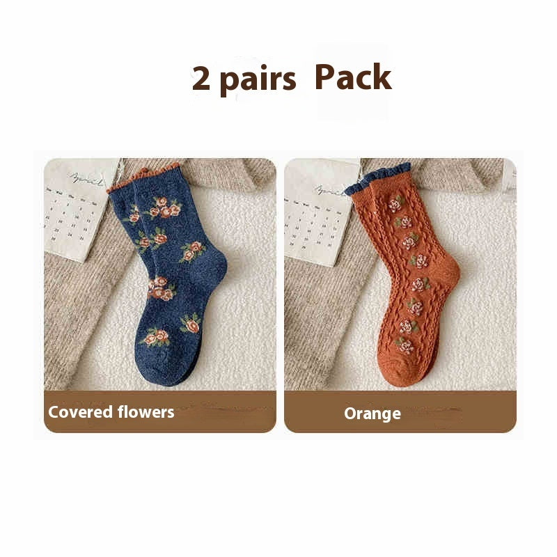 Vintage Floral Wool Fleece Lined Socks Full of flowers orange Free Size Infinite Avenue