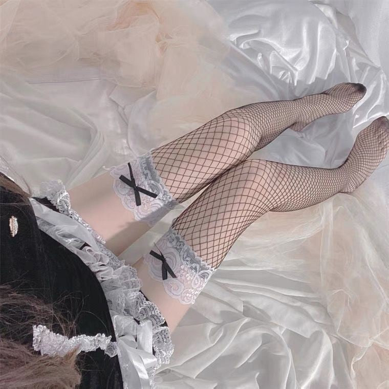 Black Silk Lace Long Socks with Autumn Bow Infinite Avenue