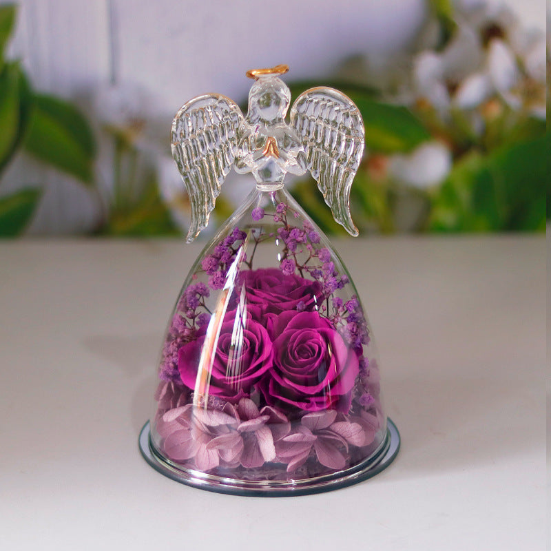 Eternal Flower Gift Box Angel Glass Cover Dried Rose Gift Box For Christmas New Year Valentine's Day Home Decor Beauty angel purple Infinite Avenue