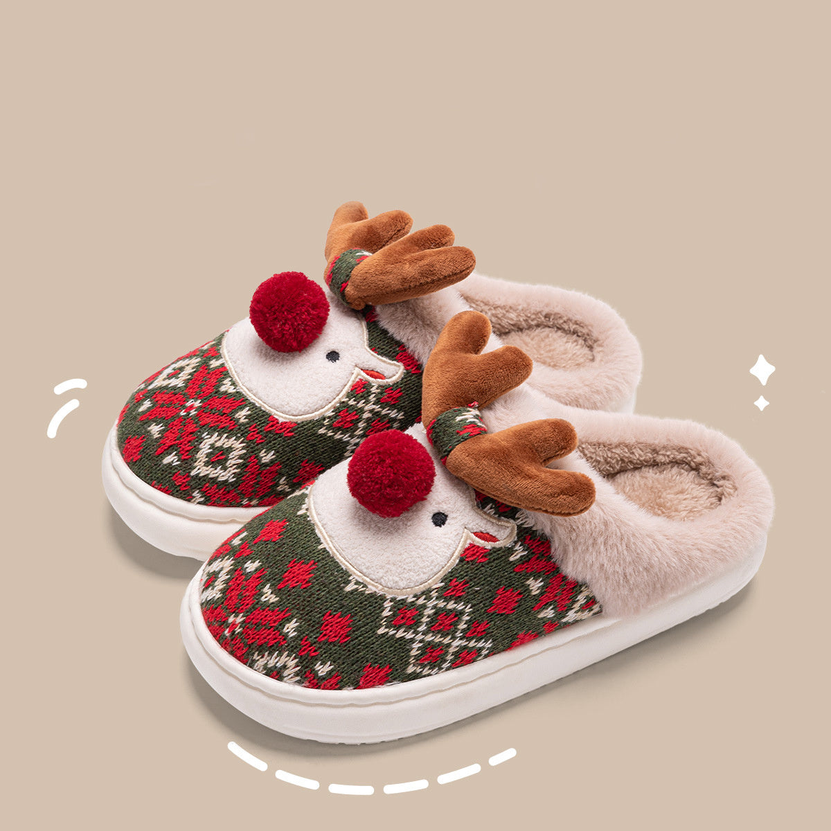 Women’s Cute Elk Plush Slippers – Non-Slip Winter House Shoes Christmas Green Infinite Avenue