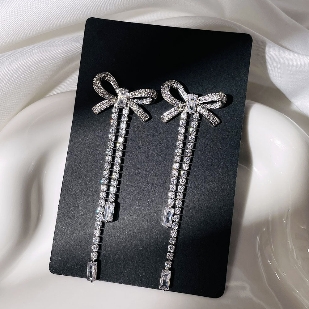 Bow Stud Earrings Zircon Tassel Long Platinum White Zirconium Infinite Avenue