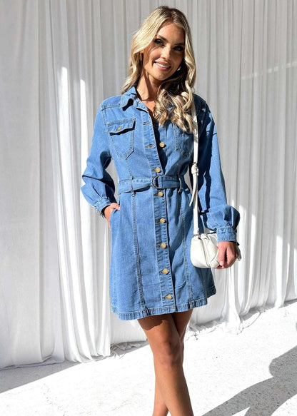 Fashion Casual Button Denim Dress Women - Infinite Avenue