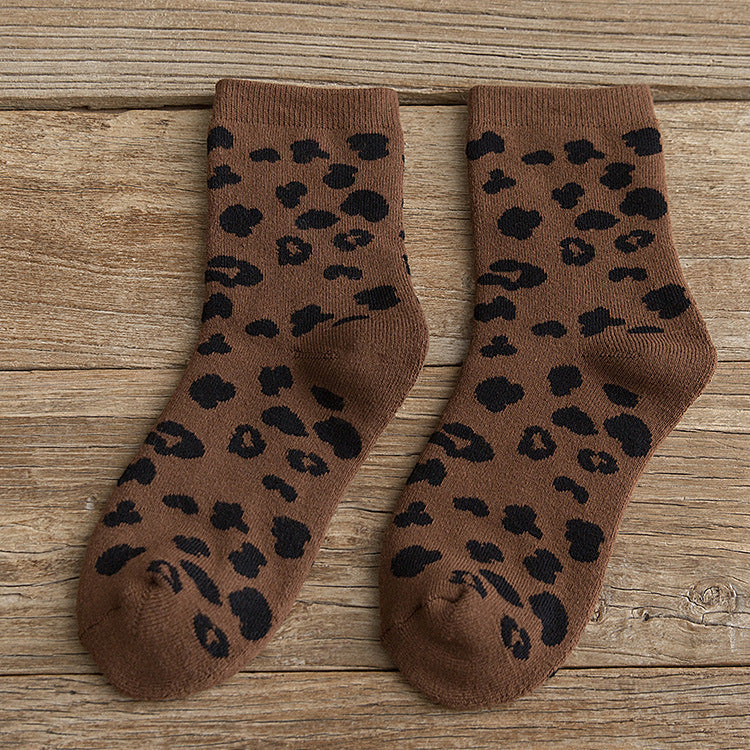 Women's Leopard Print Cotton Mid-Calf Socks Dark Coffee Free Size Infinite Avenue