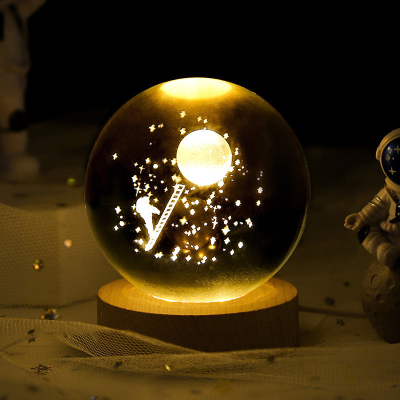 Luminous Starry Sky Crystal Ball – Moon Night Light & Gift Solid Wood Lamp Holder Landing on the Moon 6CM Infinite Avenue