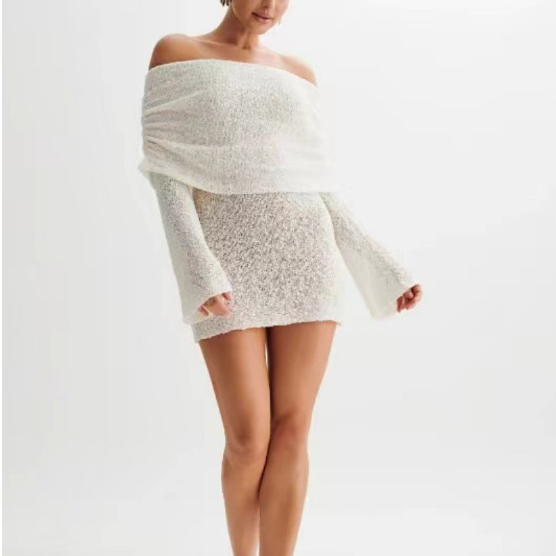 Women's Spring Summer Knitted Dress Elegant Party Boat Neck Dress Infant Off Shoulder Bodycon Long Sleeve Fuzzy Short Club Chic Mini Dress White Infinite Avenue