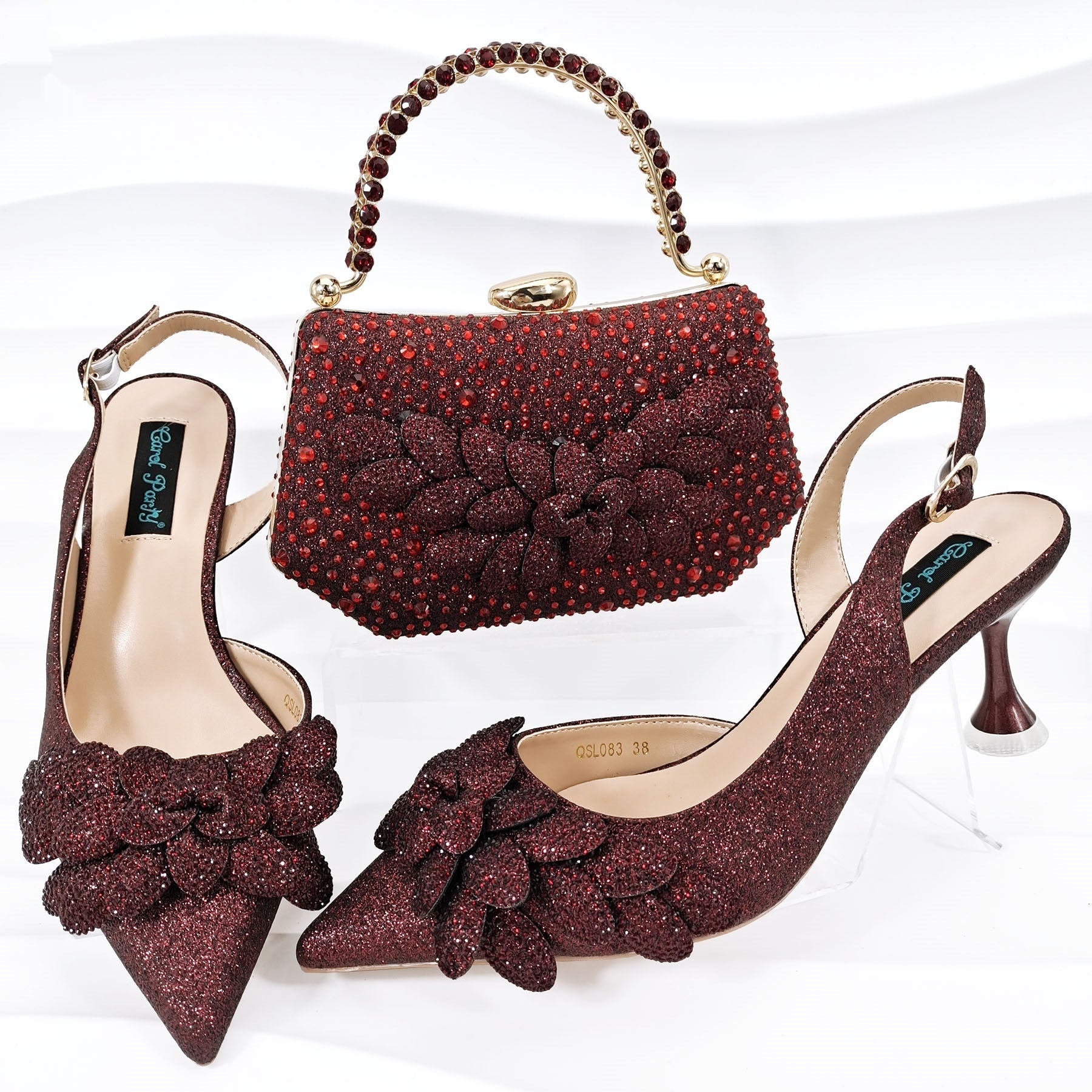 Handmade Ladies Party Shoes & Bag Set – Leaf Decor, Wine Glass Heel Wine Red Infinite Avenue