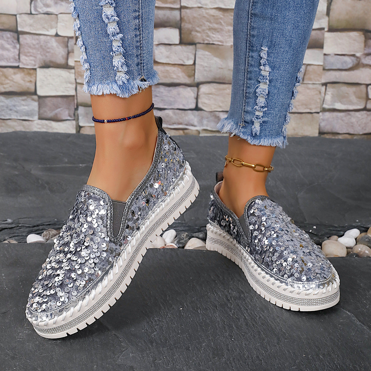 Round Toe Flat Bottom Color-blocking Sequin Oversized Shoes Gray Infinite Avenue