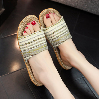 Home Linen Slippers Printed Cute Fashion Striped Head Beige Infinite Avenue